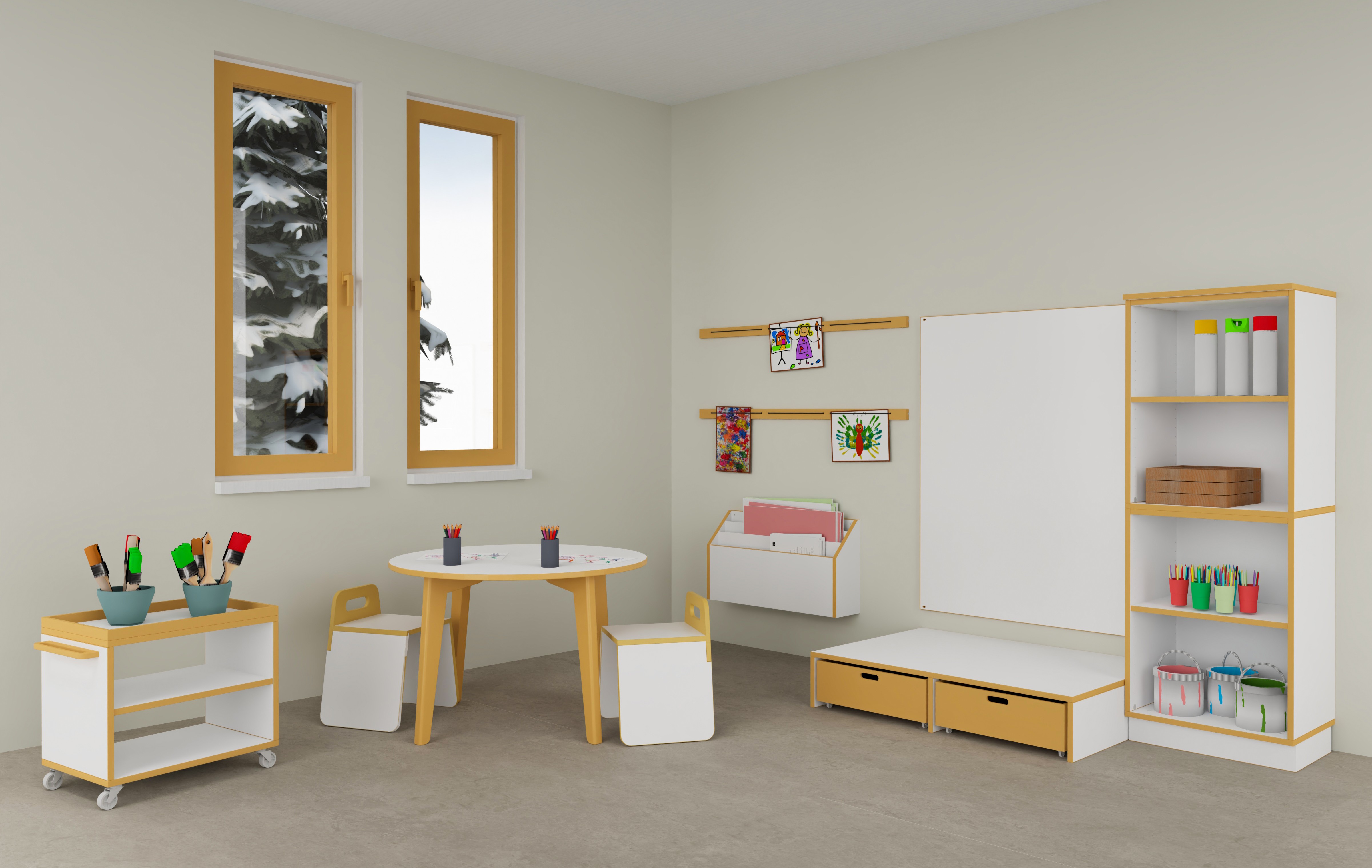 Eine Kindergarteneinrichtung mit Kindermöbeln für den Kreativbereich