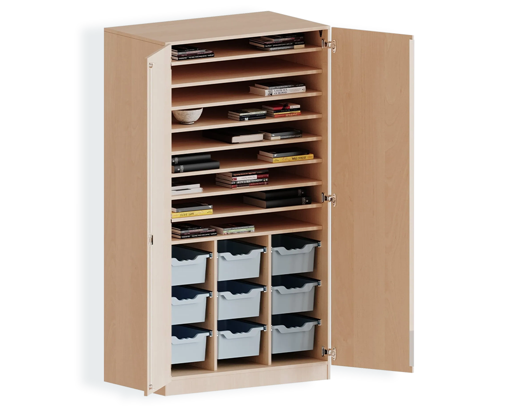 Hoher Bastelschrank mit neun flachen Papierablagen und neun ErgoTray-Boxen