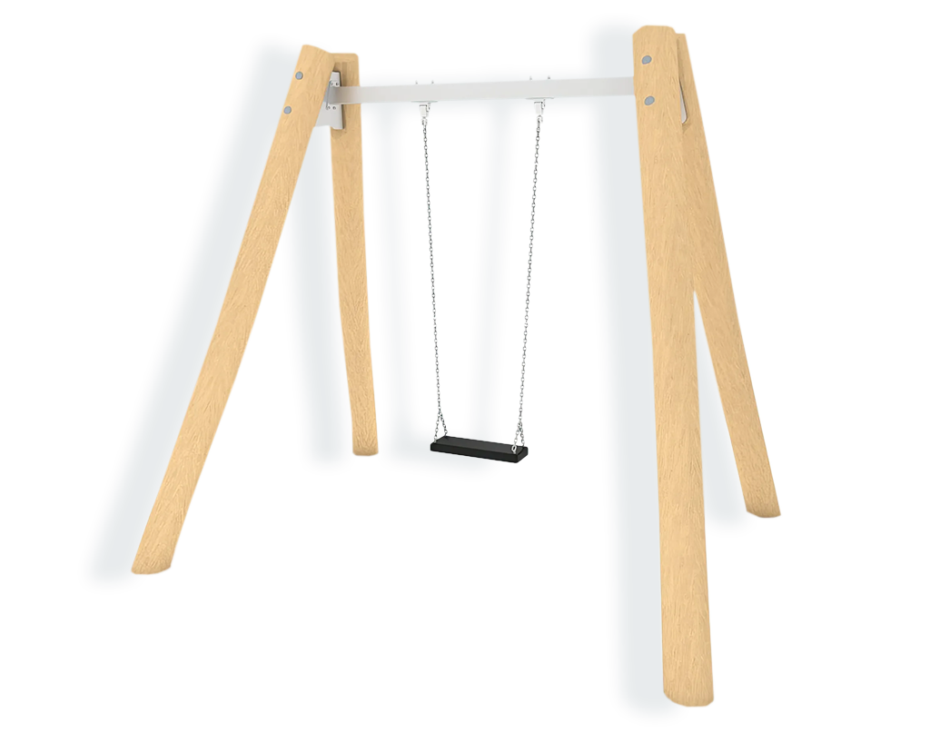Holz-Schaukelgestell mit Schaukelsitz an Metallketten.