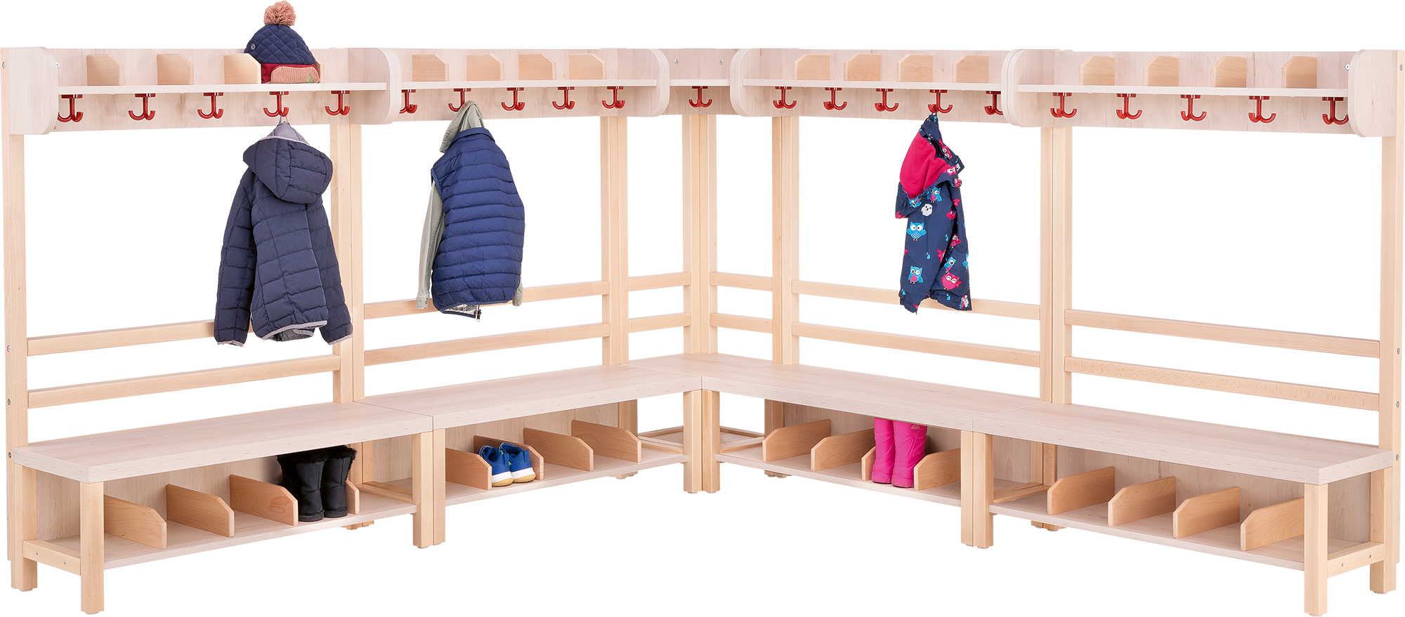 LP Garderobe Marlower Möbel Vier Garderoben von Marlower Möbel mit je 5 augestatteten Sitzplätzen für Kinder