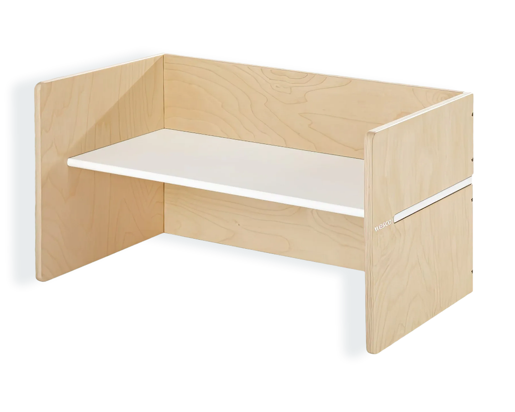 Kindergarten-Wendebank der Serie Pop, doppelseitig nutzbares Sitzmöbel aus lackierten Sperrholz für Kita- und Gruppenräume