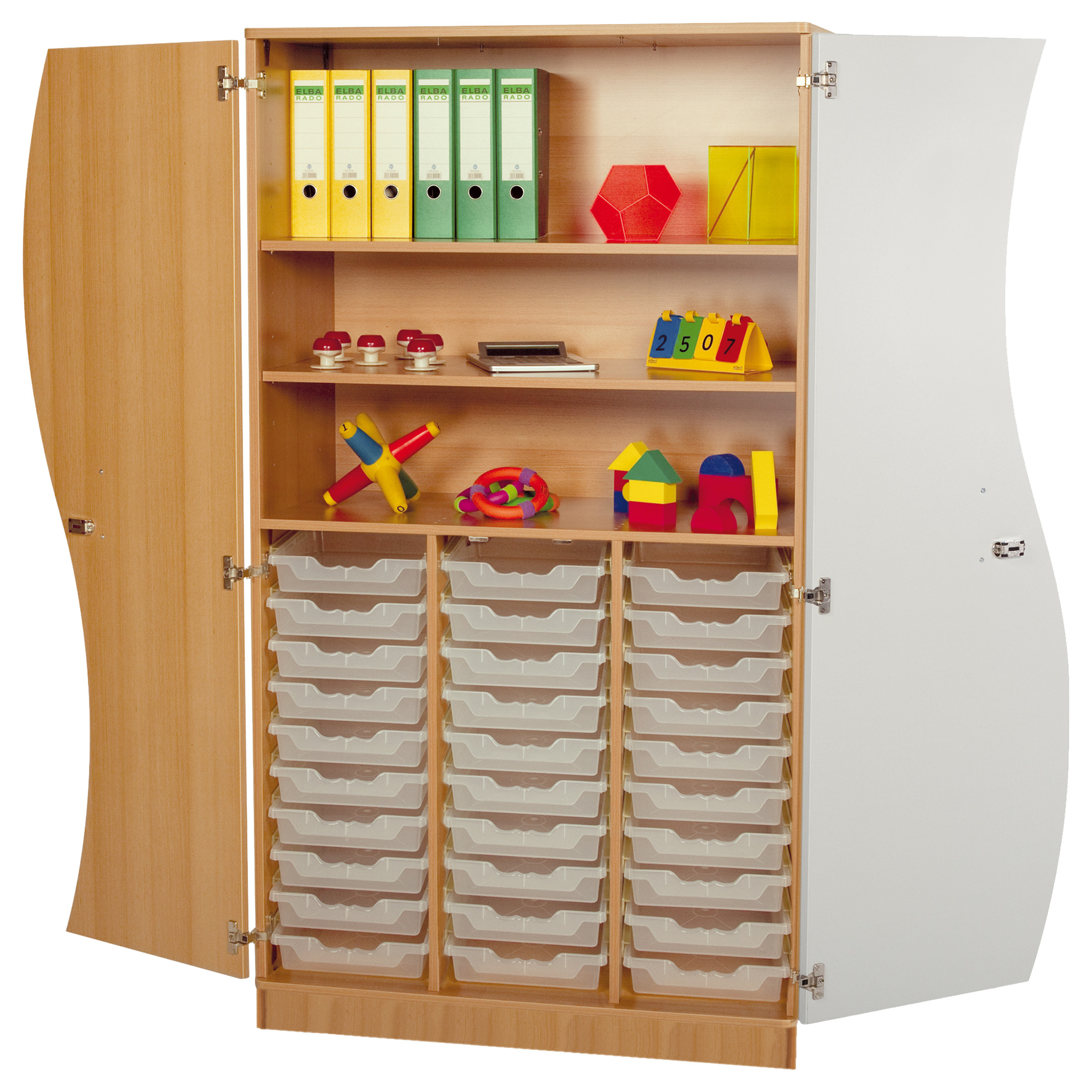 Conen Schrank mit Wellentüren mit 3 Fächern und 30 flachen ErgoTray Boxen ws130s110