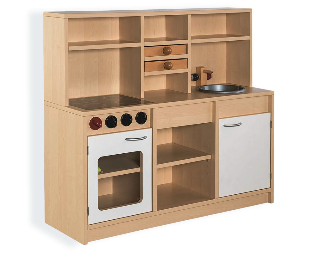 Spielküchenzeile aus Buche‑Spanplatte mit Regalunterschrank, Regalaufsatz, Herd und Spüle; abgerundete Kanten