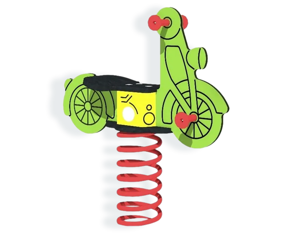 Ein­sitzige grüne Federwippe in Motorrad‑Form mit roter Metallfeder