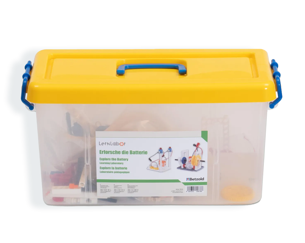 Experimentierkasten mit Batterien, Kabeln, Lampenfassung und Kontaktmaterial zum Erforschen einfacher Stromkreise