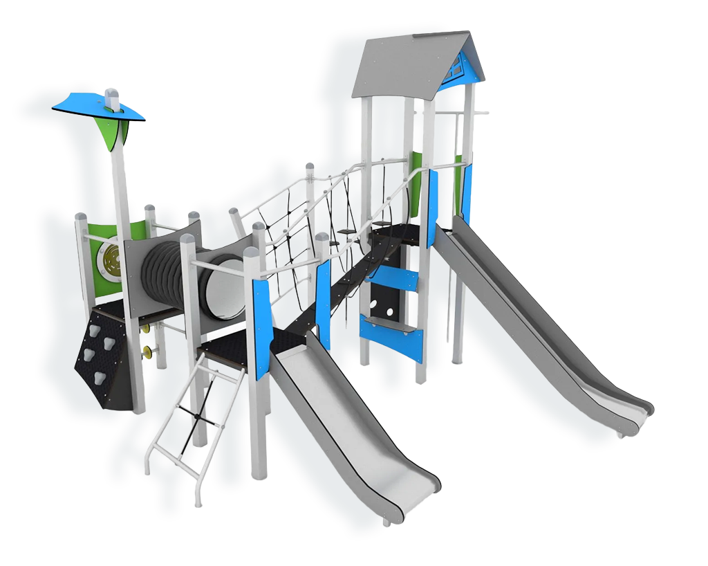 Spiel‑Klettergerüst mit zwei Plattformen, Rutsche, Feuerwehrstange, Tunnel, Brücke, Kletternetz und Balancierelementen