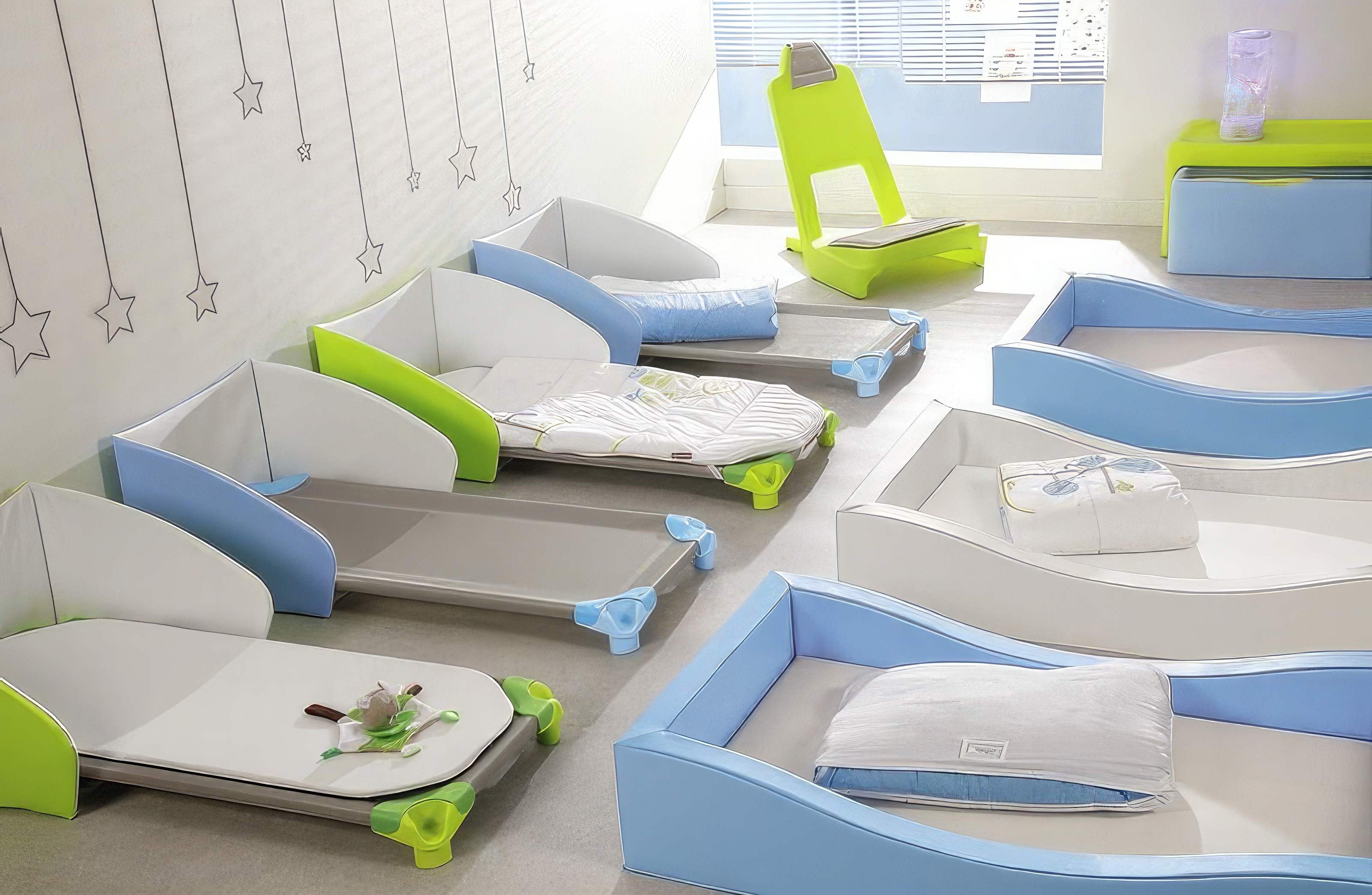 Ein Kinder Schlafbereich mit zahlreichen Kinderbetten für die Kita