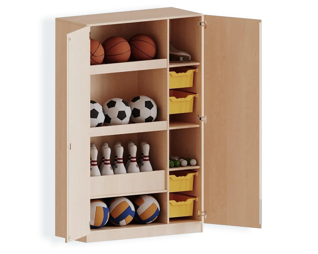 Breiter Sportschrank mit vier großen Boxen und sechs Einlegeböden zur Aufbewahrung von Sportmaterial