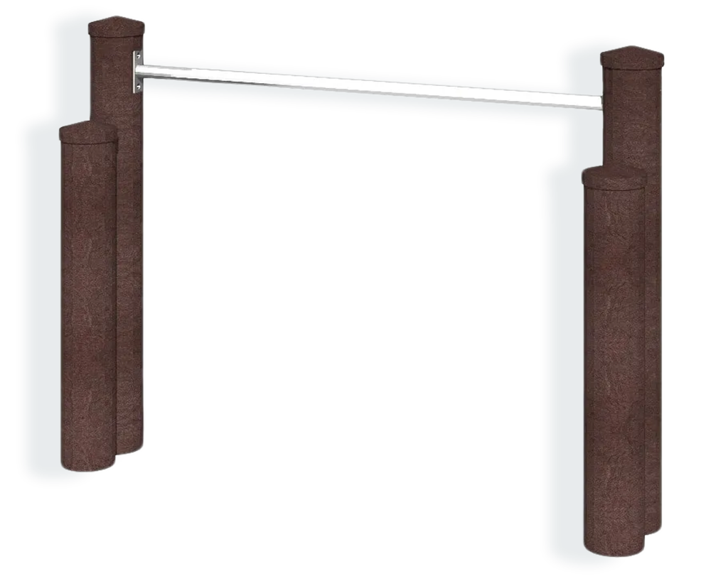 Einzeln stehende Turnstange mit Metallstangen und stabilen Seitenteilen aus Kunststoff.