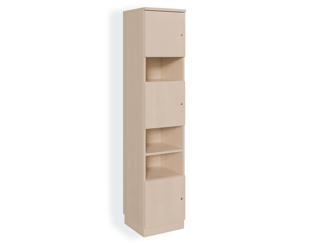 Schrank mit drei offenen Regalfächern oben und drei abschließbaren Fächern unten